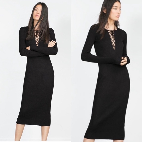 ZARA Black Ribbed Knit Lace Up V Neck Calf Length Long Sleeve Dress - Picture 1 of 11